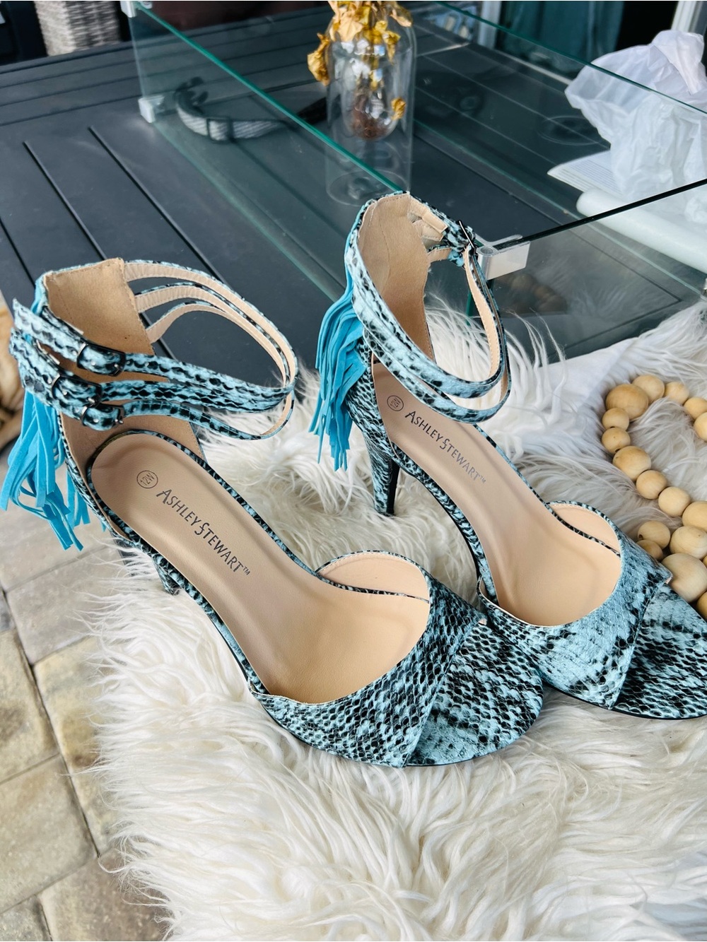 Ashley Stewart Turquoise Snake-Print Fringe Stiletto Sandals - Picture 5 of 6